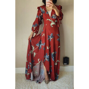 NWD Patbo Floral print Ruffle Side Slit Maxi Dress Size 2 Red V-neck #1D454